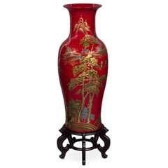 US Seller – 36in Red Lacquer Chinoiserie Scenery Motif Chinese Porcelain Vase
