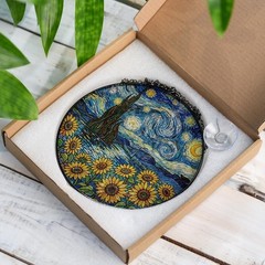 Van Gogh Starry Night Stained Glass Suncatcher, Sunflower Window Hanging Decor