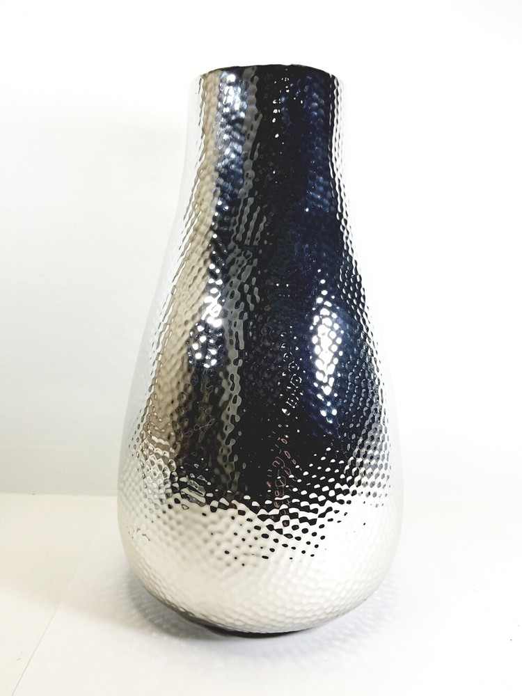 Silver Metallic Ceramic Vase Decorative Flowers H-10.75 in Vintage Design