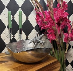 Large Sculptural Coastal Pewter Bowl| Silver-toned Centerpiece| Irregular Rim