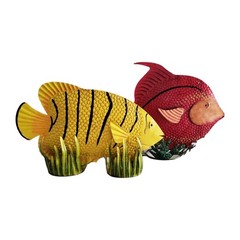 2 Metal Fish Sculptures Seagrass Base 15″ Yellow Tiger Stripe 14″ Red Angelfish