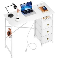 35.4 Inch Small Computer Desk with 3 Fabric Drawers and Power Outlet, Home Of…