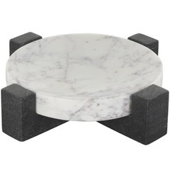 Deco 79 Marble Geometric Living Room Decor Tray Round Ottoman Tray with Black…