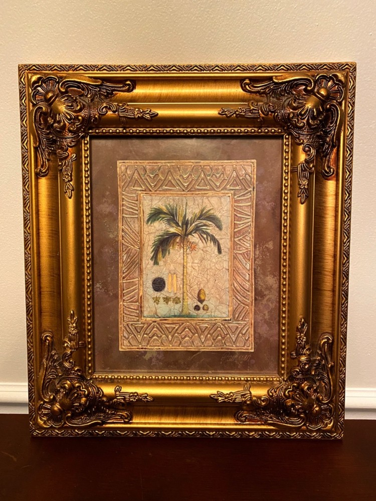Tommy Bahama Style Palm Tree Wall Art Spectacular Gold Frame Wood 13 x 15″