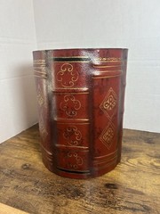 Vintage Faux Leather Wastebasket Planter Red Gold Wood Decor Office Study Bin
