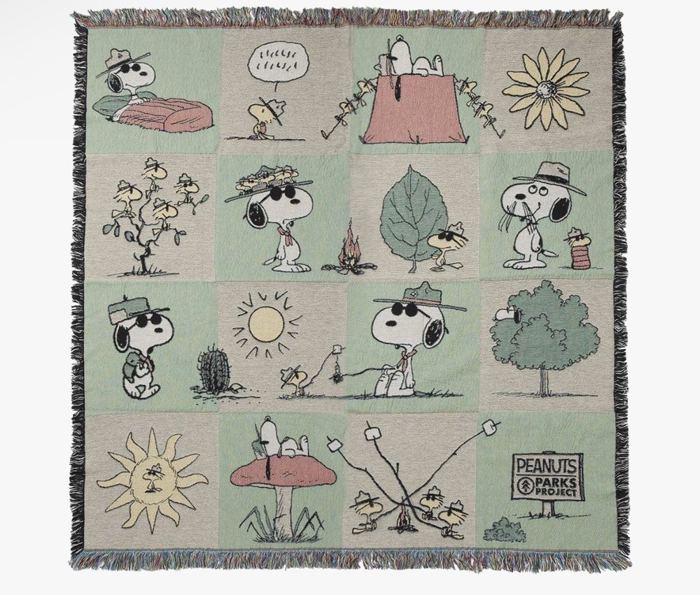 Parks Project Peanuts Woven Throw Blanket Green/Beige Multicolor Fringed