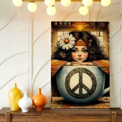 Wall Art Hippie Girl in Teacup Peace Sign Daisy Boho Kitchen Fantasy Print Decor