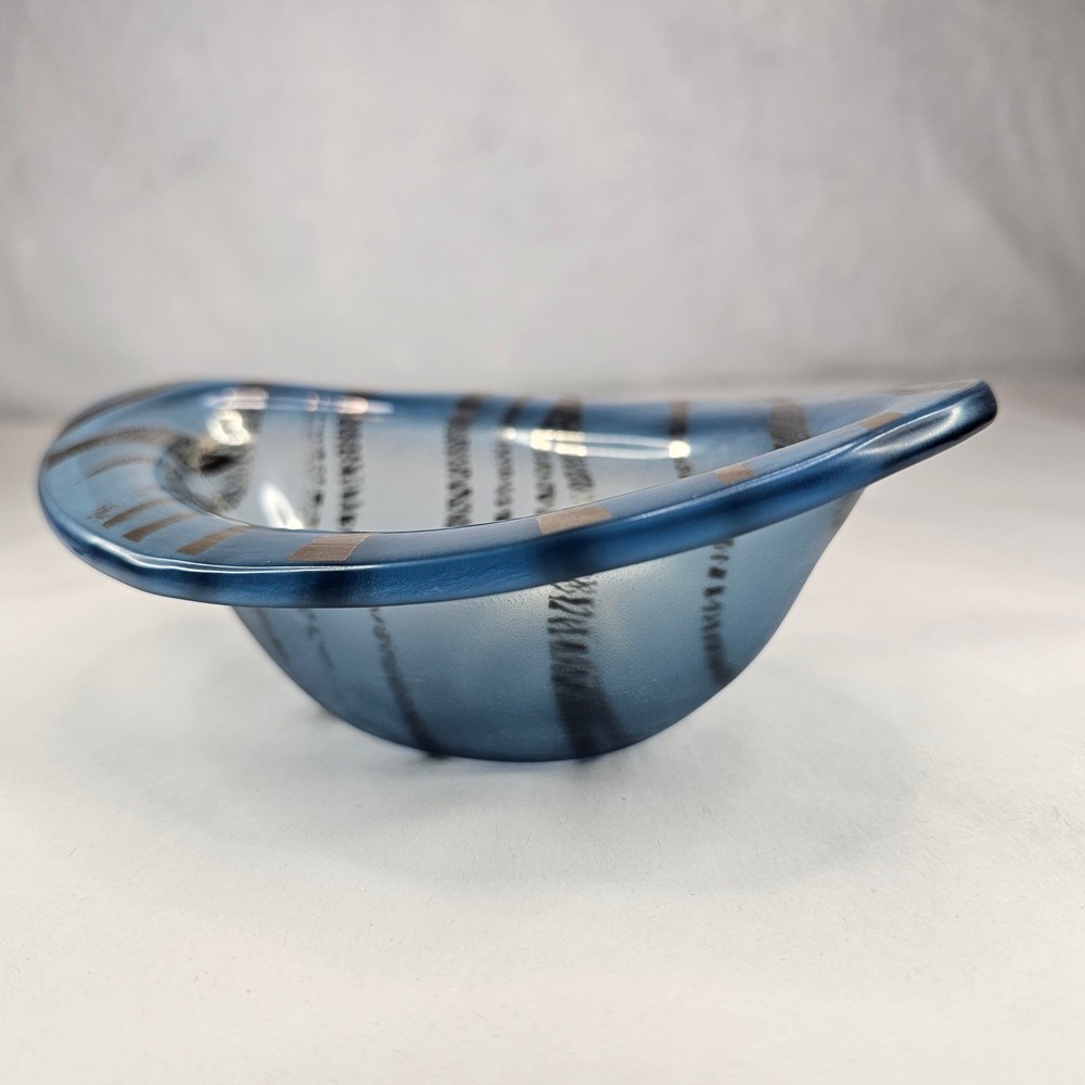 Mid Century Modern Frosted Gold Blue Swirl Glass Bowl Dish Decorative Accent