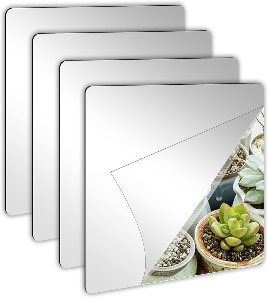 4 Pack Self Adhesive Acrylic Mirror, 8 x 8 Inch Mirror Tiles,Flexible Plastic