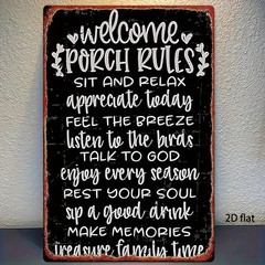 Vintage Metal Sign Porch Rules 8×12 Distressed Decor