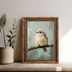 Gold Framed Bird Canvas Wall Art Vintage Beige Sparrow 11L x 9W, bird