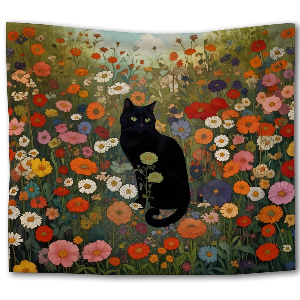 Black Cat Wildflower Tapestry Floral Field Wall Hanging Home Decor 50×60 In