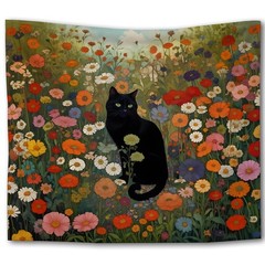 Black Cat Wildflower Tapestry Floral Field Wall Hanging Home Decor 50×60 In