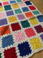 VTG Handmade Crochet Granny Square Afghan White 62×48 Throw Cottage Chore