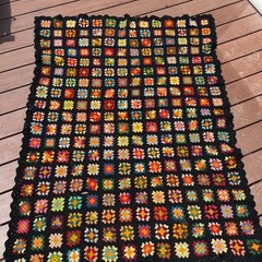 Vintage Handmade Crochet Granny Square Blanket Multi-Color Black Boho Throw