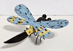 Metal Dragonfly Sculpture Hand-Painted Blue Yellow Brown Decor Wings – 6 Inches