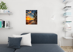 Sunset Over Tropical Beach Palm Tree Ocean Photo Poster Island Nature 24×16