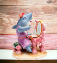 Ceramic Shark Putting on Makeup Figurine, Gift for Her, Gift for Mom, Home Decor