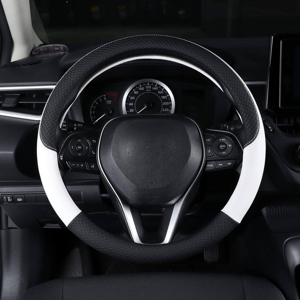 Universal Steering Wheel Cover Black White Quilted Faux Leather Non Slip Grip