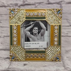 Vintage Rembrandtz Gold Jeweled Square Picture Frame 2.5 in Green Amber Accents