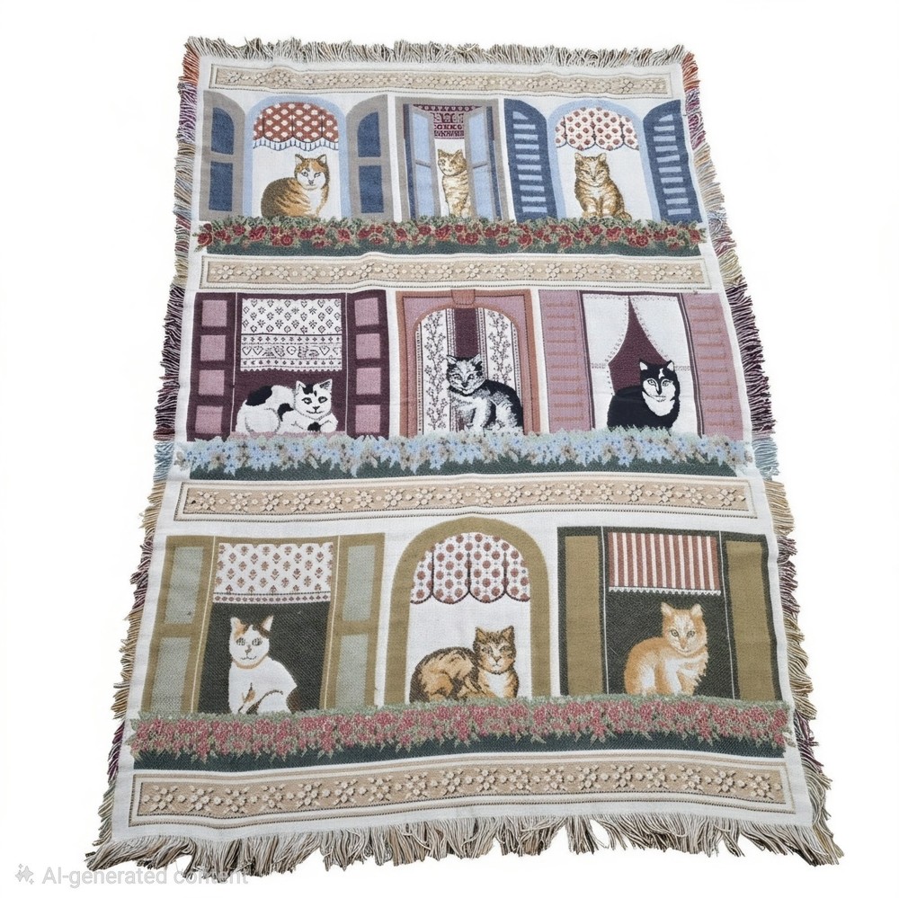 VTG Triple Woven Tapestry Throw Afghan Blanket Cat In The Window Cotton 46×67