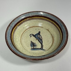 Studio Art Pottery Bowl Signed With Deer On It Yellow Blue Brown Drip Glaze 7”