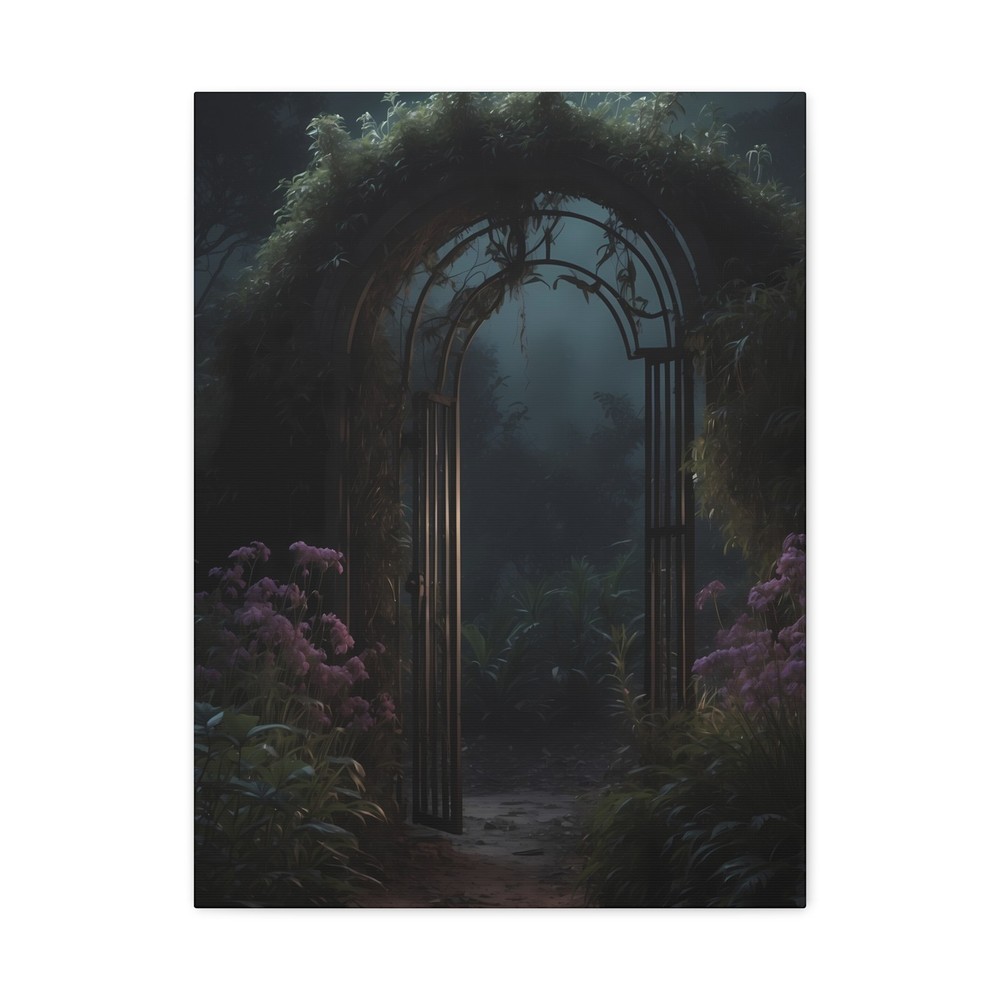 Gothic Garden Arch Gate Canvas Wall Art Dark Fantasy Misty Path Decor