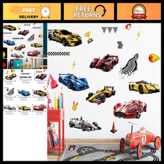 Racing Car Wall Decals – Vehicle Stickers for Boys Bedroom, Kids Playroom, Nurse