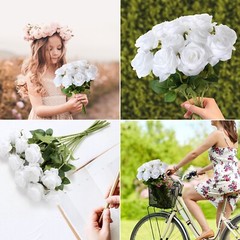 EZFLOWERY 12 Pcs Artificial Roses Flower White Silk with Single Stems Real Touch