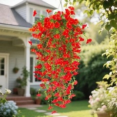 UV Resistant Faux Silk Morning Glory Hanging Flowers for Outdoor Decor 2 Pc Red
