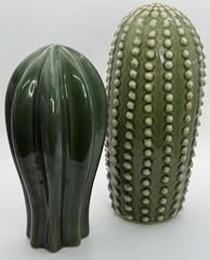Set Of 2 Green Ceramic Cactus Sculptures Boho Southwest Decor