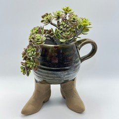 VTG 1981 Five Bridges Art Pottery Cowboy Boot Mug, Hat Vessel Set Western Whimsy