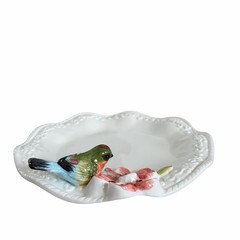 Corner Ruby Botanical Collection 3D Floral Bird Ceramic Catchall Dish 9in New