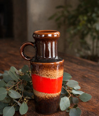 Vintage West German Pottery Vase 407-20, Fat Lava Red Drip Glaze, 8.25″