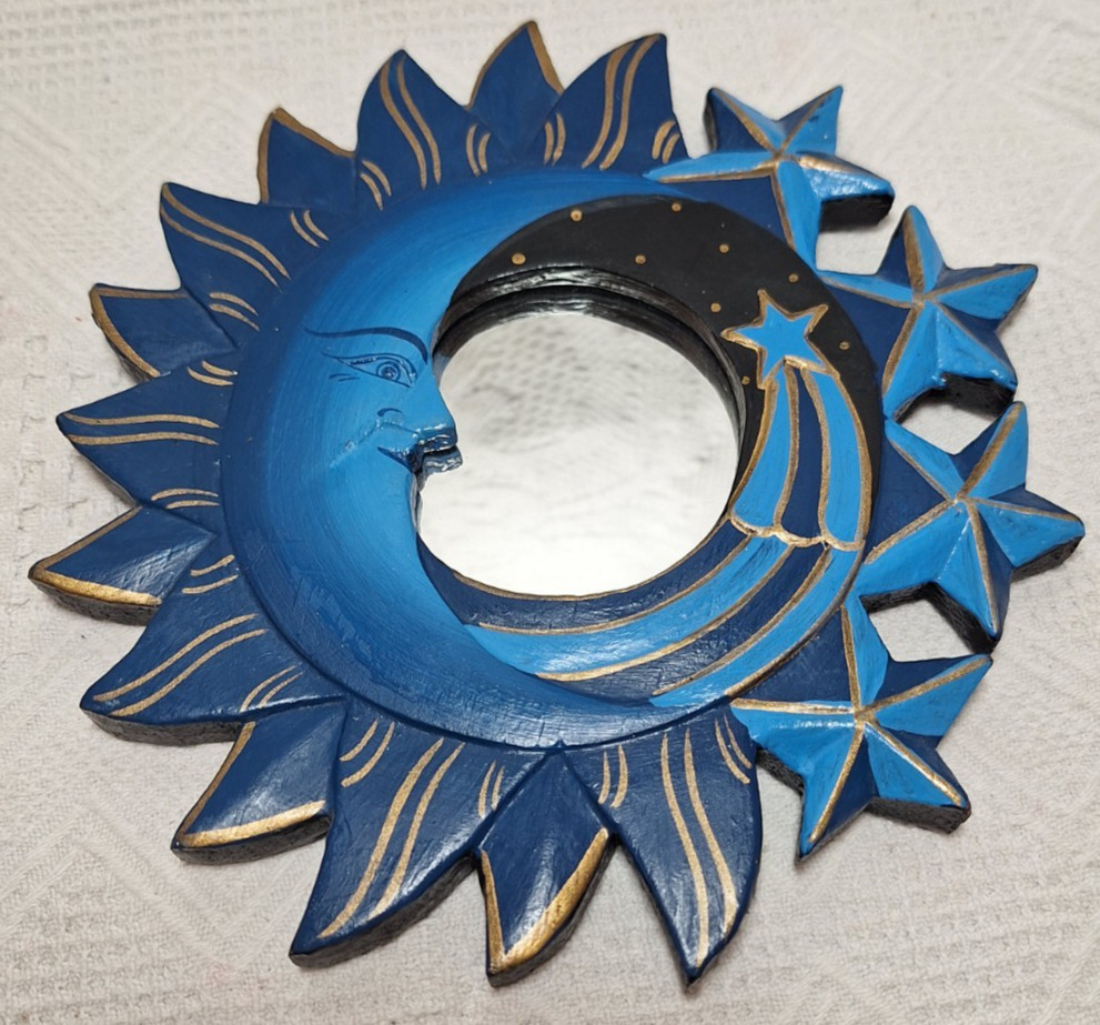 Vtg Celestial Accent Wall Mirror Hand Painted Wood Sun Moon Stars 1990s 8″x8″
