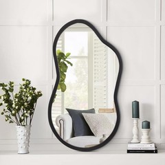 Irregular Wall Mirror with Wood Framed Small Asymmetrical Black Hanging Mirro…
