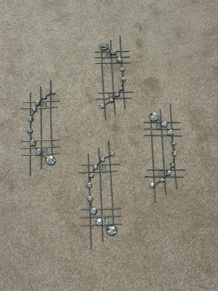 Modern Abstract Metal Wall Sculpture Set of 4 w/ Clear Crystal Accents