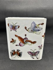 Vintage Porcelain Brick Rectangular Butterfly Vase With Flower Frog Hong Kong