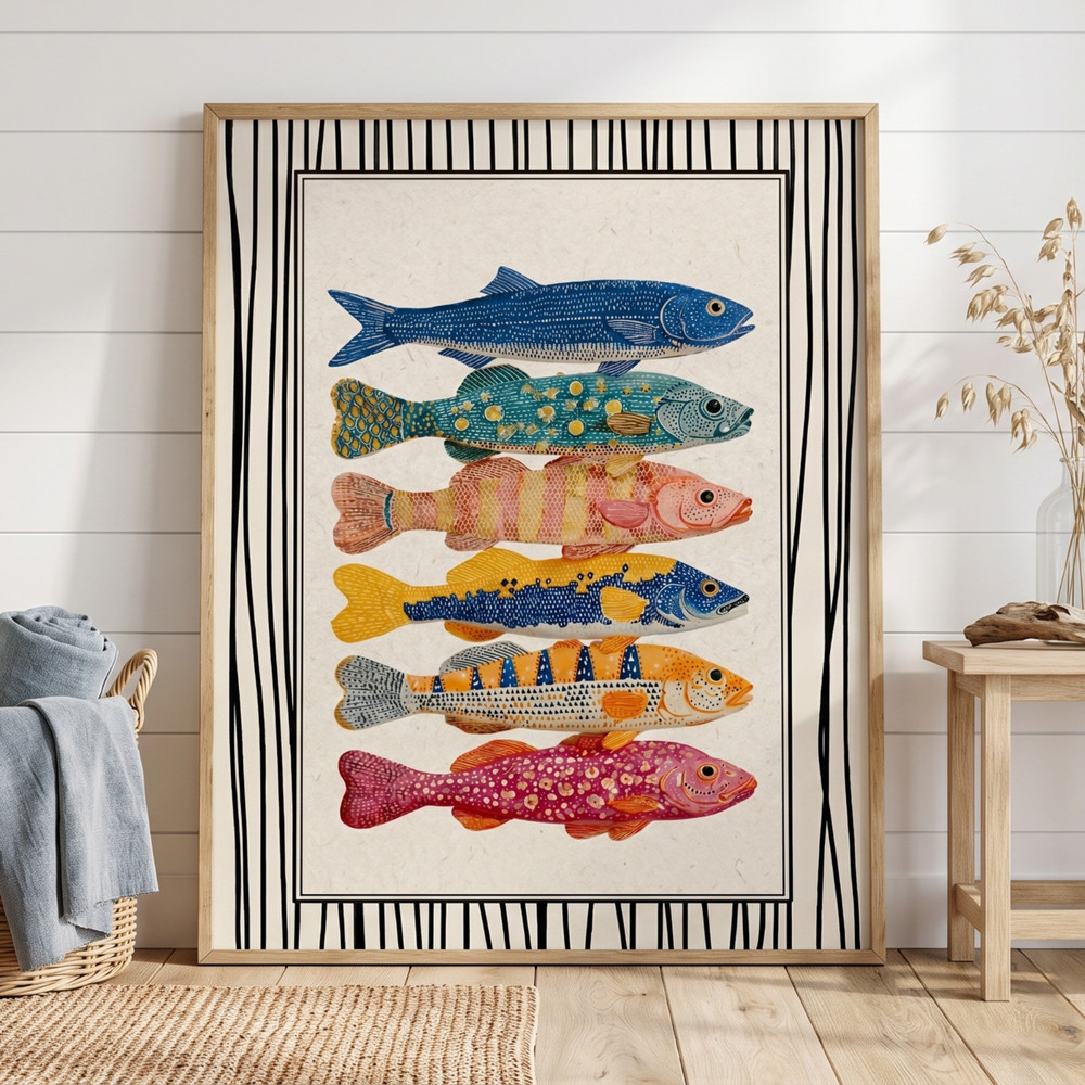 Japanese Fish Poster Folk Art Colorful Sea Life Kitchen Wall Decor Print