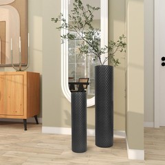Set of 2 Black Cylinder Floor Standing Vases Large 27/21in Tall Metal Decorat…