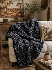 Handmade Chunky Knit Blanket 40×45 Black & Grey Soft Cozy Throw FREE SHIPPING!