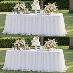 2 pk White Tulle Tablecloths for 6 Foot Rectangle Tables, Floor Length 2-in-1
