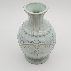 Greenleaf Vase 5.5in Robins Egg Blue Tan Ceramic Embossed Reed Diffusers Flowers