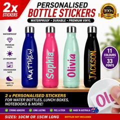 2x Personalised Name Water Bottle Stickers Custom Labels School Bottle Thermos