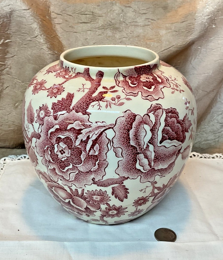 Vintage Ginger Jar Porcelain Johnson Bros Chippendale White Red Vase No Lid