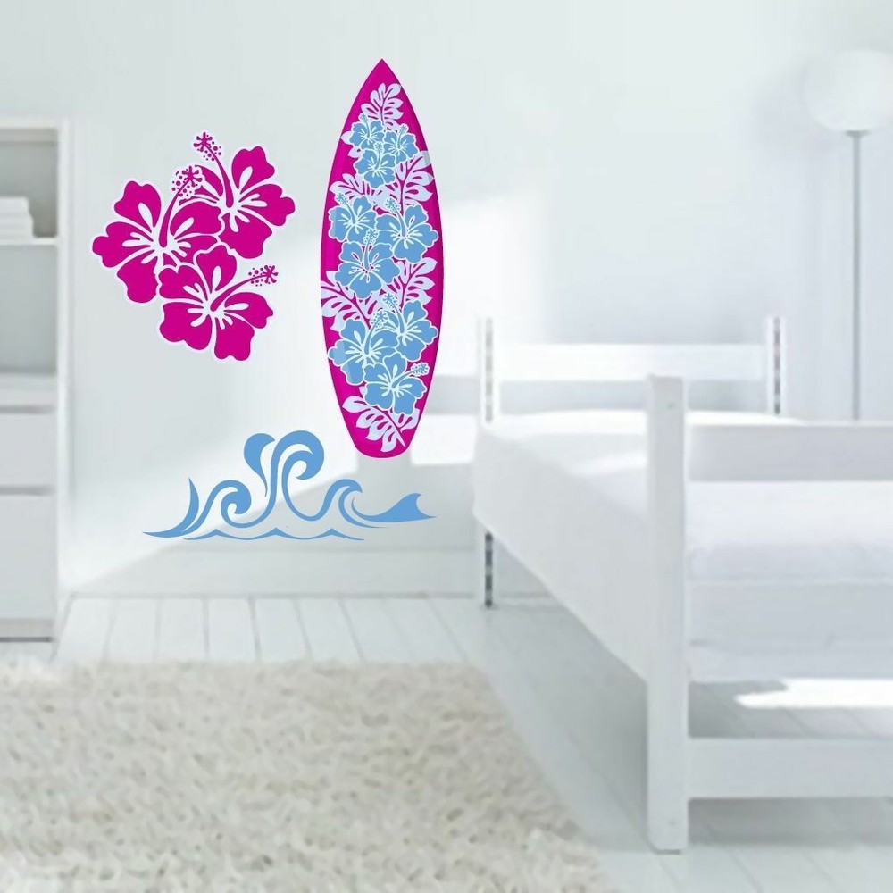 Pink Surfing Printed Wall Decal Pack – Beach, Tropical, Bedroom, Kids, Teens