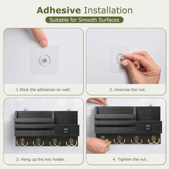 Key Holder Wall Mount, Wooden Adhesive Mail and Key Organizer with Drawer, Small