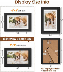 5X7 Picture Frames Set of 3 with Mat to Display 4X6 Picture,Plastic Black Photo
