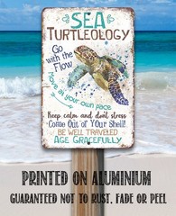 Sea Turtleology Metal Sign Beach House Decor – Sea Turtle Wall Art Bathroom 8×12