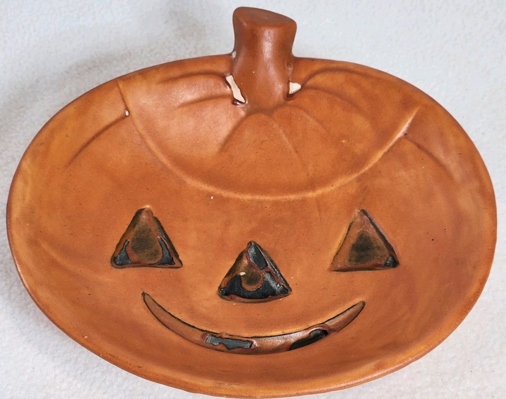 Ceramic Pumpkin Jack O Lantern Candy Dish VTG Hobbyist Piece Handmade HALLOWEEN